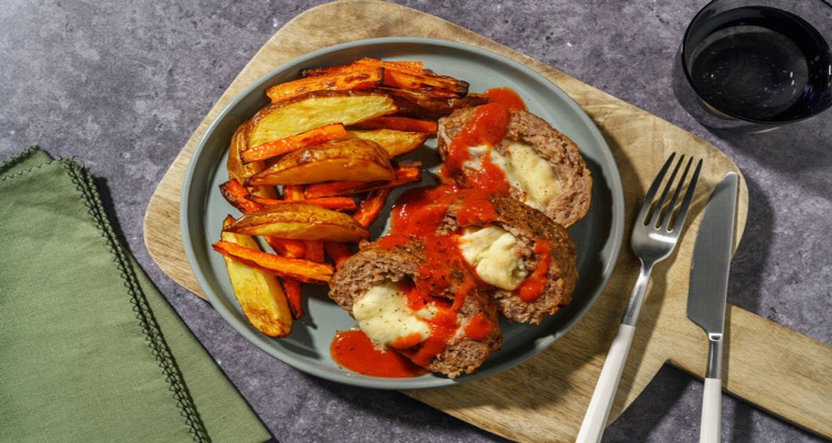 Polpettone di carne dal cuore filante al sugo con galbanino affumicato e verdure arrosto