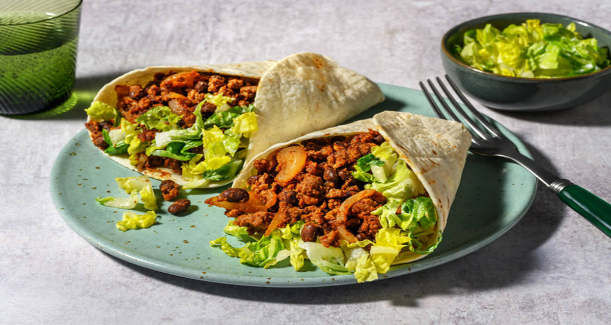 BBQ Burritos with Minced Meat black beans, salad and ranch dressing