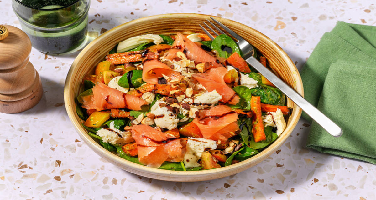 Smoked Salmon and Mozzarella Salad with pesto, spinach and balsamic glaze