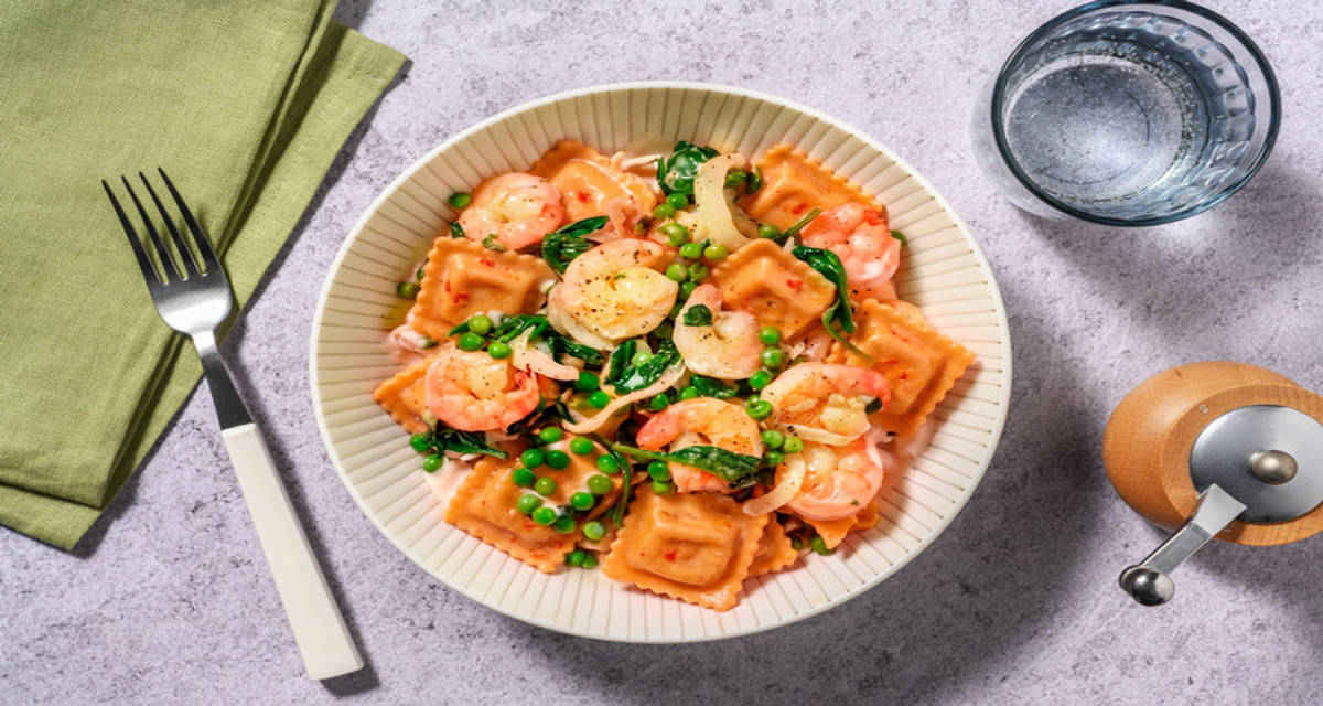 Prawns with Nduja Ravioli in tarragon sauce