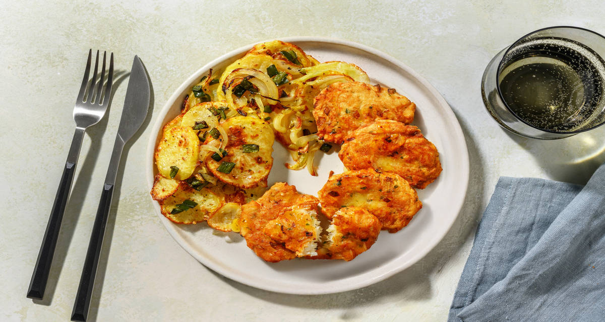 Tortillitas de bacalao con miel con patatas y verduras asadas