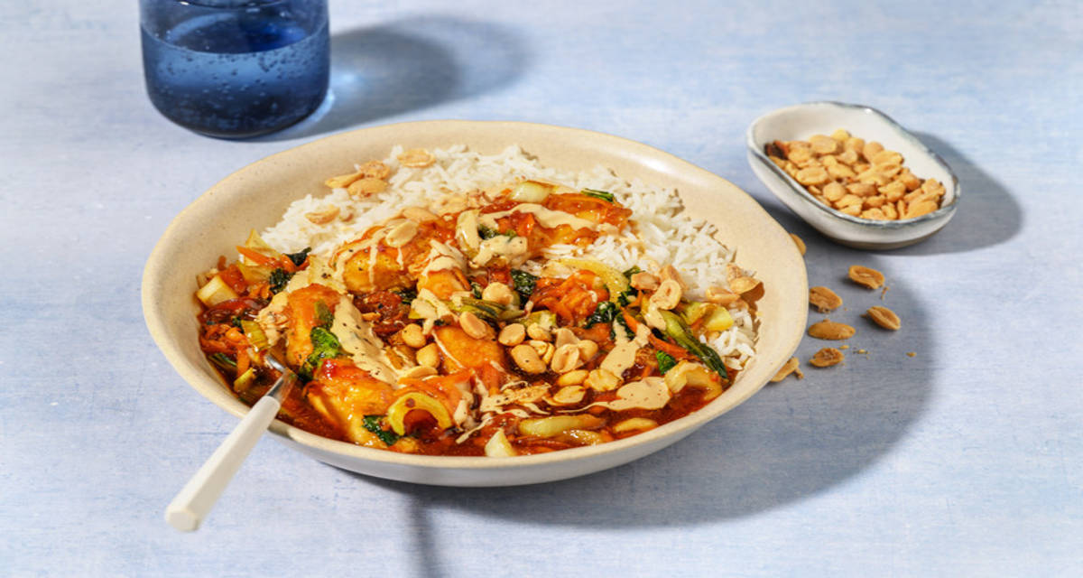 Turkey, pak choi and peanuts over rice with soy mayonnaise
