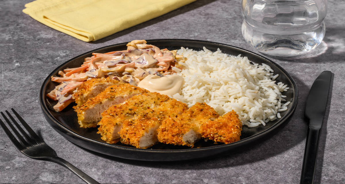 Poulet pané façon Katsu japonais avec un coleslaw citronné & une mayo au soja