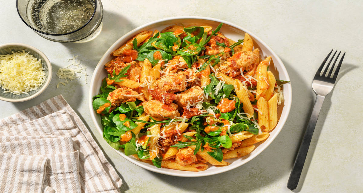 La Sportive : penne, poulet Label Rouge & pesto garnie de tomates séchées & gouda