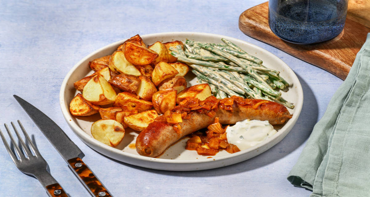 Saucisse de Toulouse grillée & haricots verts avec des grenailles dorées & une sauce ravigote