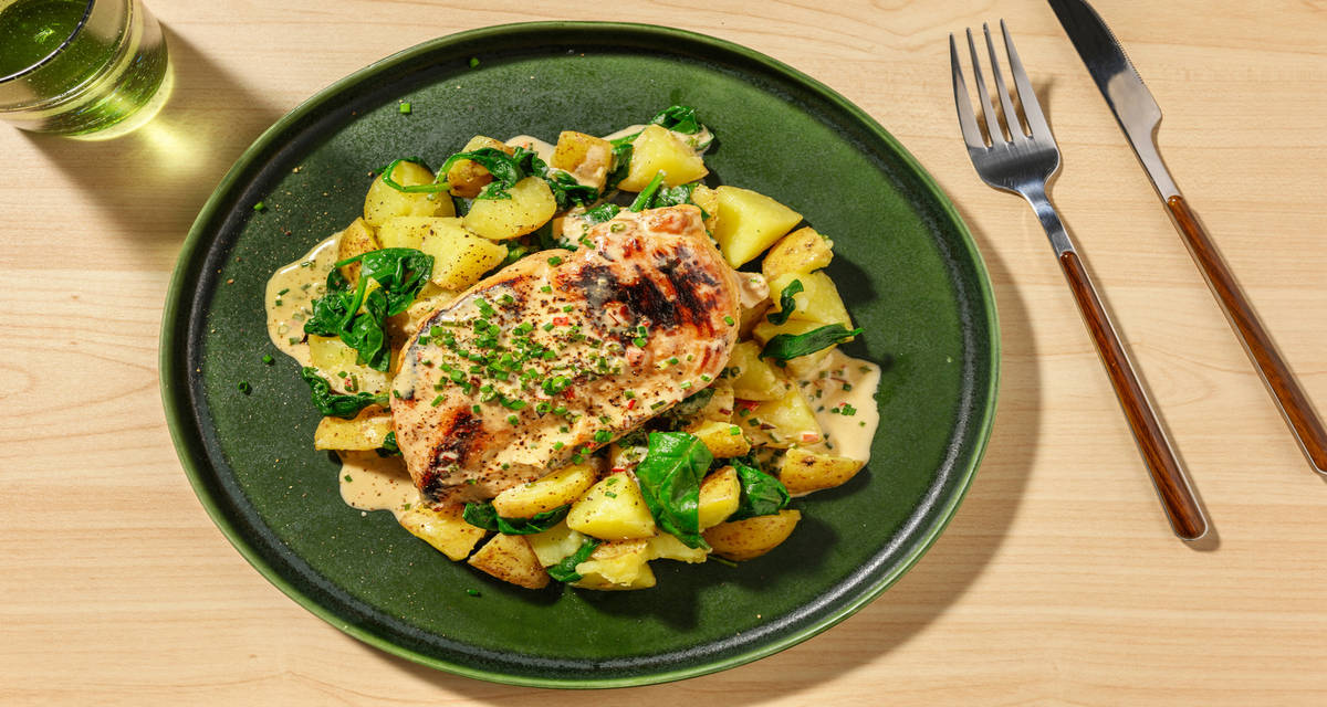 Turkey in Garlic Herb Sauce with baby spinach and potatoes