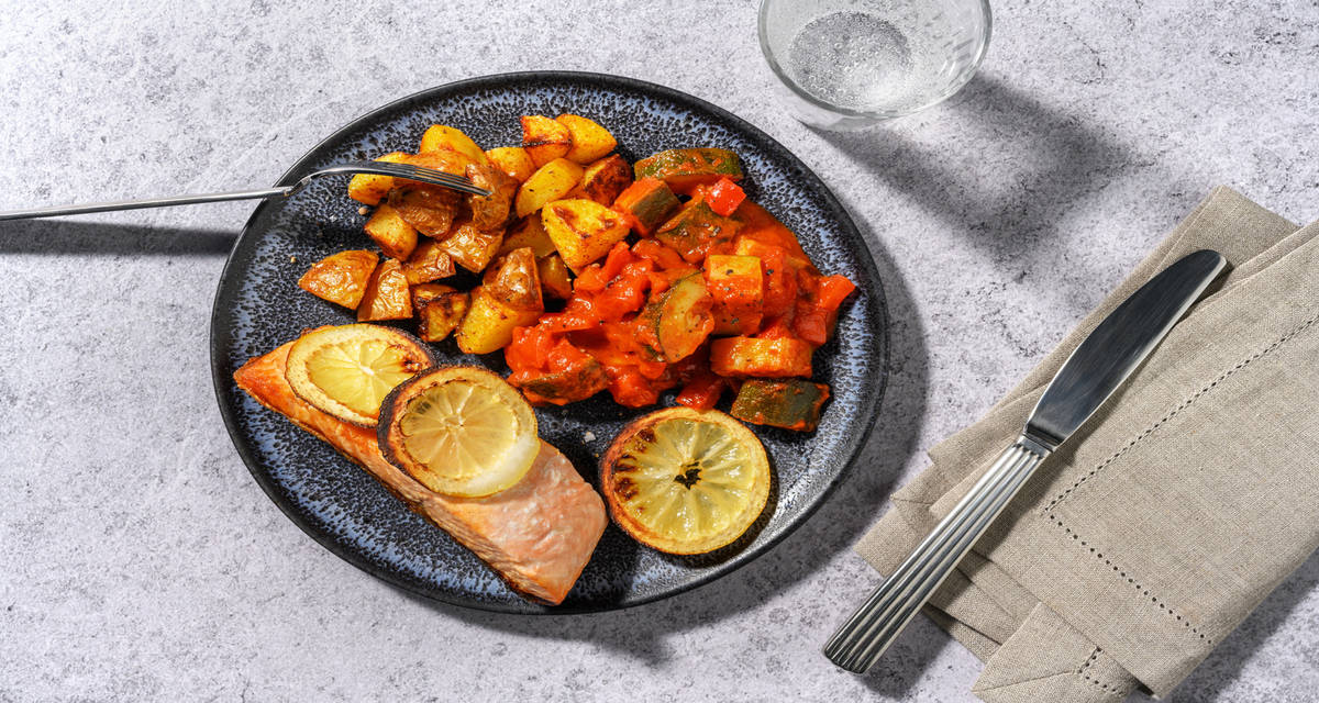Salmon with Pisto de Verduras with paprika roast potatoes
