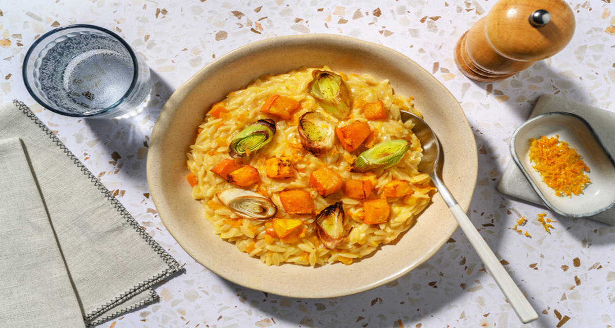 Orzotto de calabaza a la naranja con puerros asados