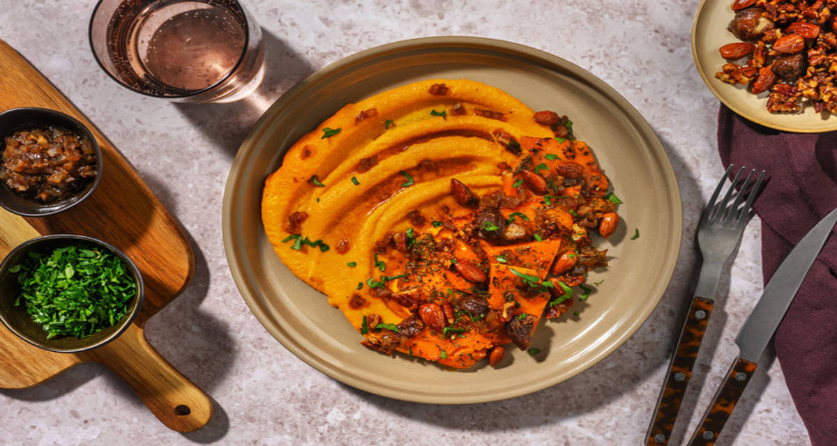 Purée de carotte & poêlée automnale aux marrons avec son duo de noix caramélisées