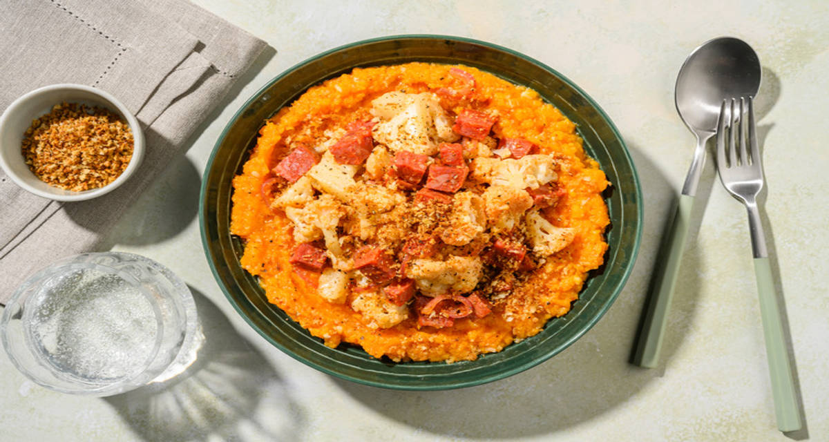 Purée de patate douce garnie de chorizo avec du pangrattato & du chou-fleur épicé