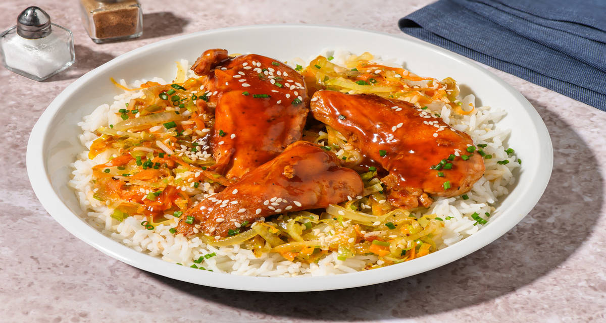 Poulet Label Rouge façon teriyaki avec des légumes poêlés, du riz & du gomasio