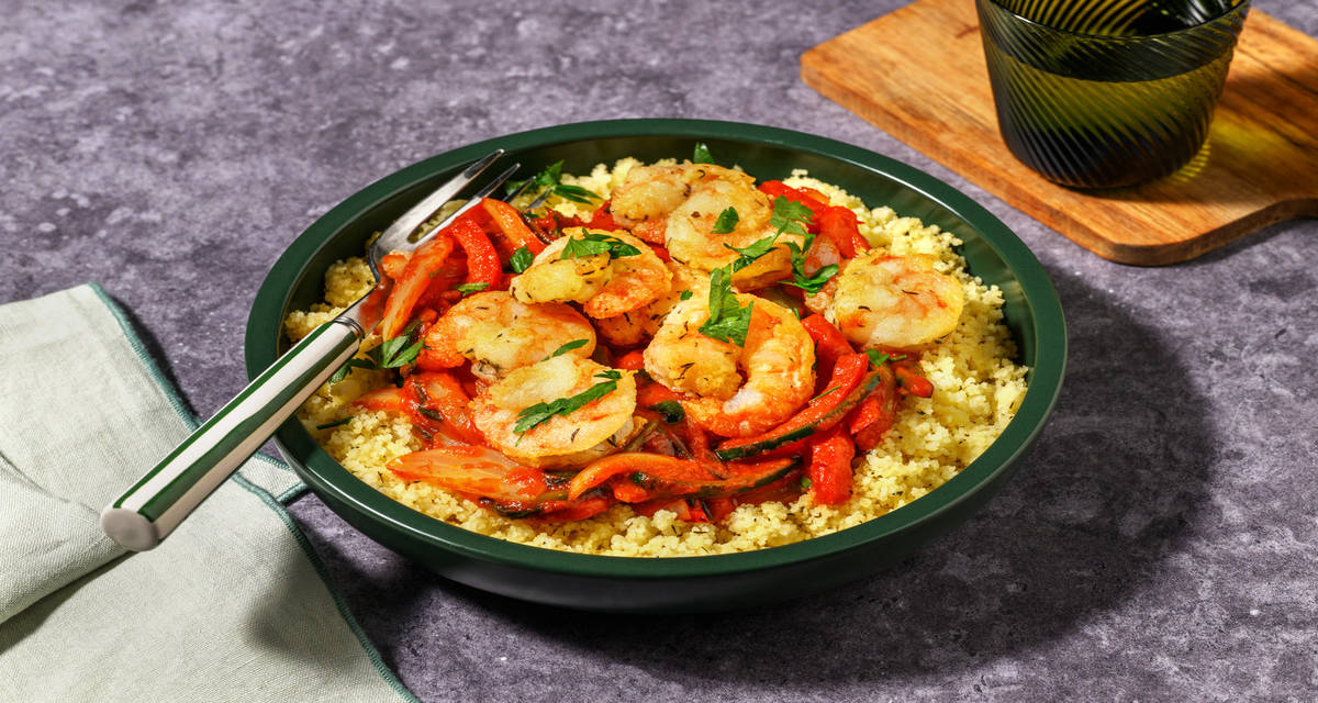 Crevettes au piri-piri & poivrons grillés avec de la semoule, du persil & du thym