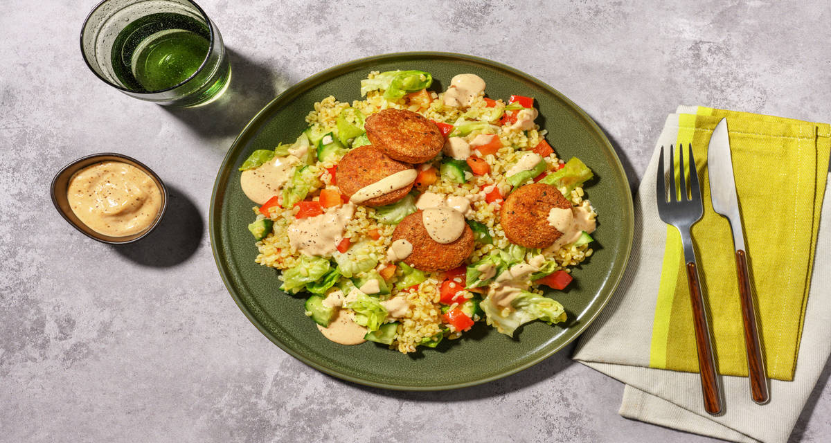 Chicken Bulgur Bowl with harissa tahini dressing