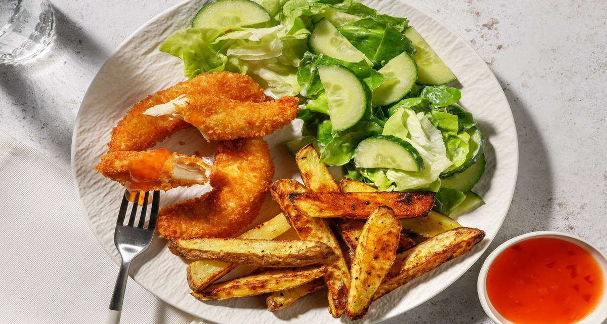 Zelfgemaakte kipnuggets met frietjes met zoet-pikante chilisaus en salade met zure room