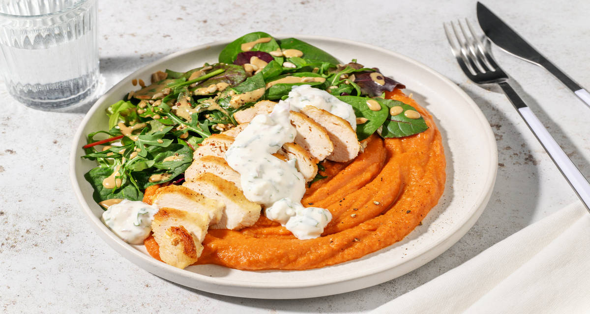 Poulet grillé & sarasson aux herbes avec une purée de lentilles au paprika fumé