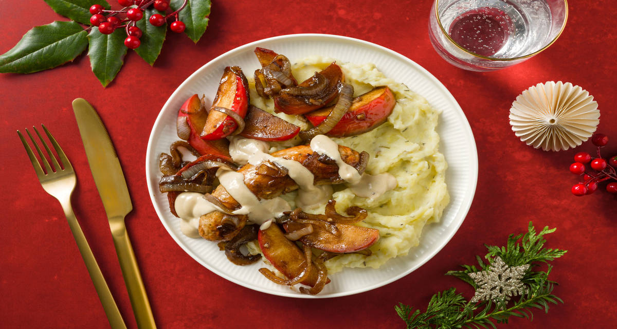 Boudin blanc aux pommes caramélisées de Noël avec une purée au cantal AOP