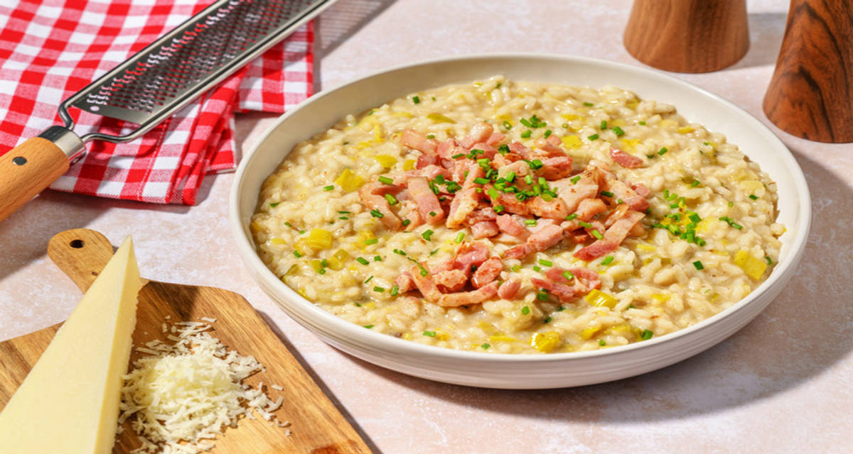 Risotto auvergnat au cantal AOP avec des poireaux & lardons
