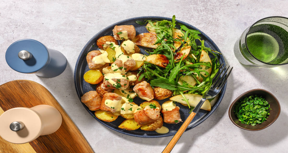 Breakfast Sausage Hash with apple and radish salad