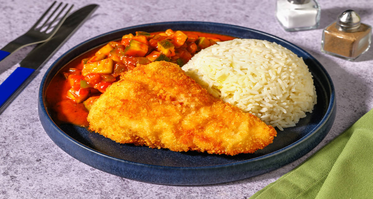 Escalope de dinde panée & sa ratatouille avec un riz pilaf & du thym