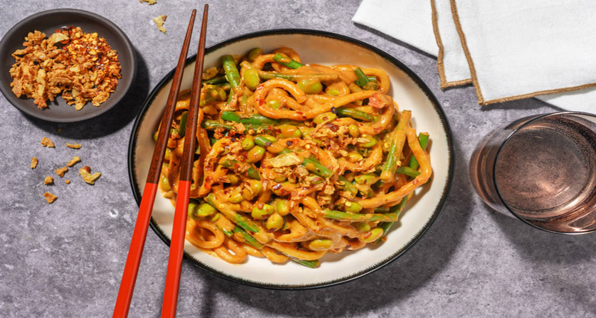 Udon Noodles in a Satay Sauce with edamame and green beans