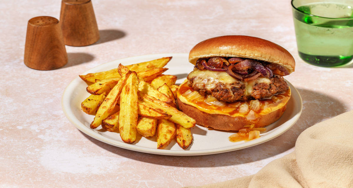 Burger de bœuf, chutney d'oignon & gouda avec des frites & du paprika fumé