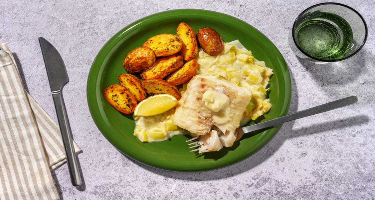 Double Basa Meuniere in Leek and Fennel Sauce with baby potatoes