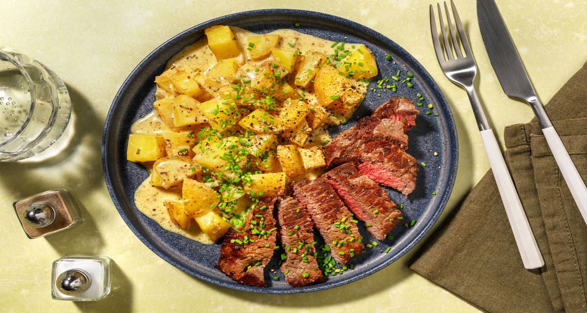 Tagliata di scamone e patate alla panna con salsa Worcester ed erba cipollina
