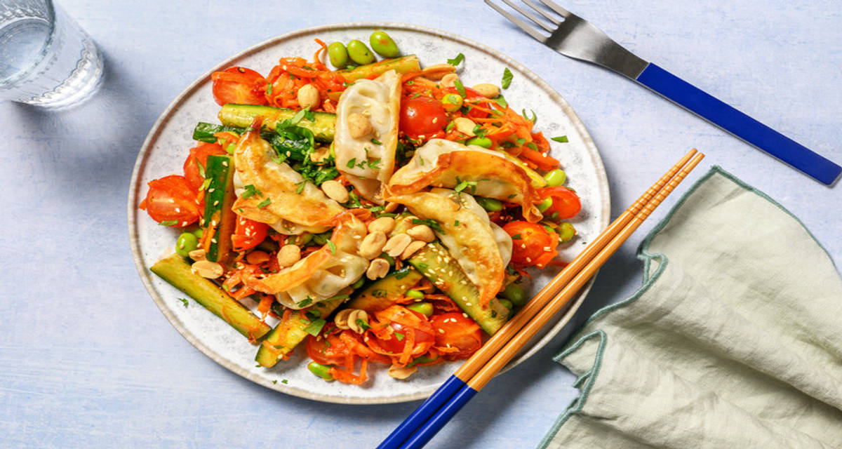 Dumpling Salad with Prawns with edamame and gochujang