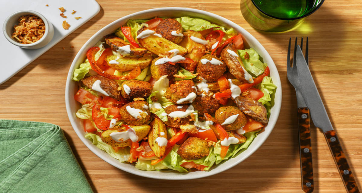 Double Falafel and Mediterranean Roast Veg with potatoes and salad