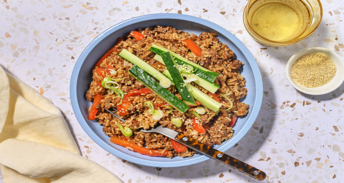 One-pan Beef Bulgogi cucumber sticks and sesame seeds