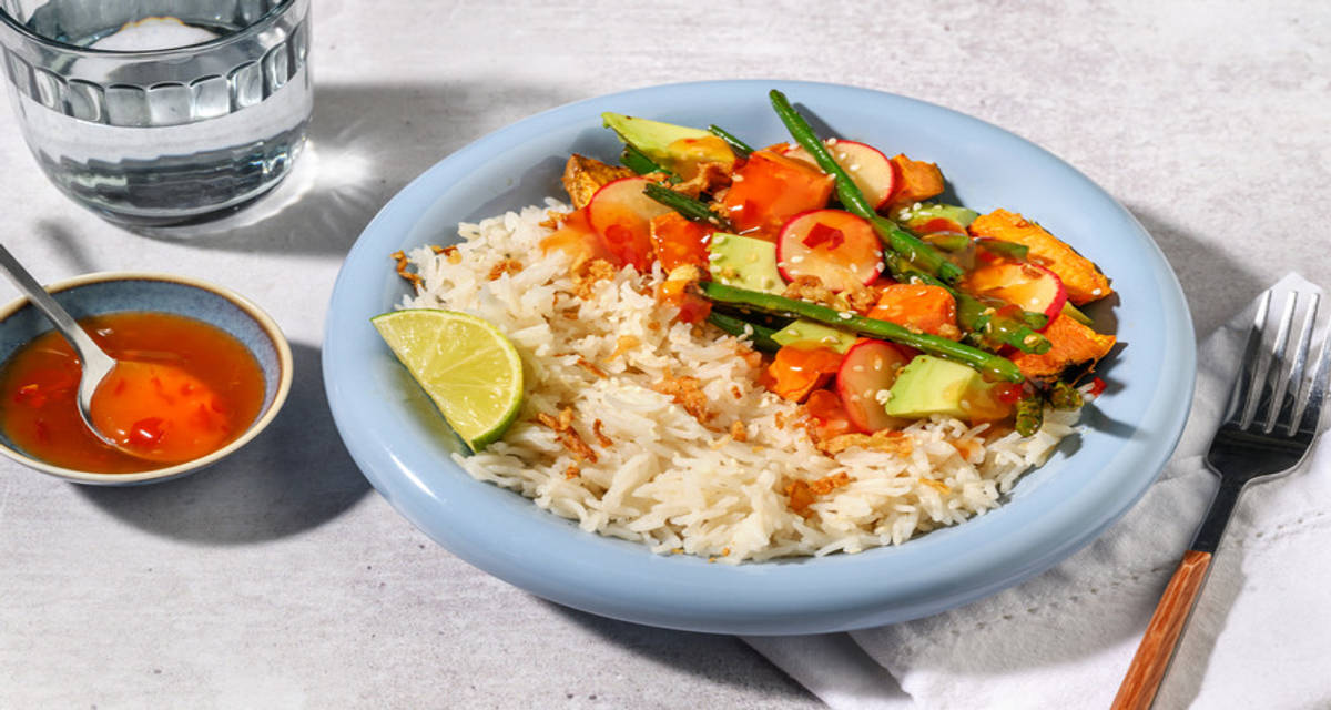 Avocado and Sweet Potato Vegan Bowl with pan-fried green beans