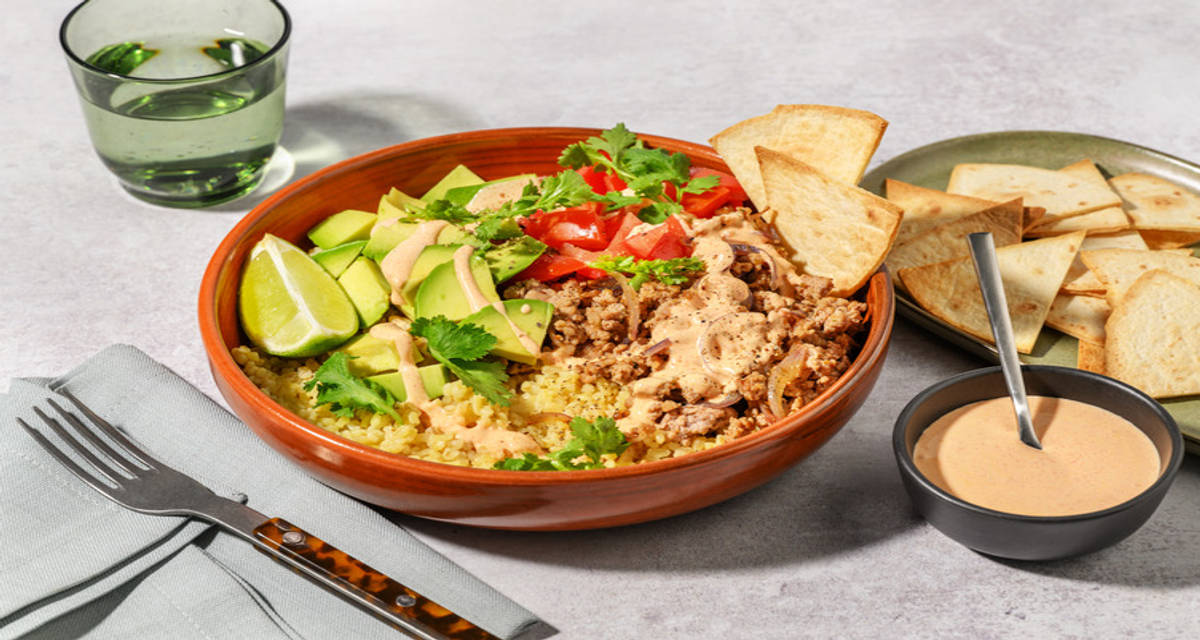 Tex-mex Style Turkey Mince Bulgur bowl with coriander and creamy avocado