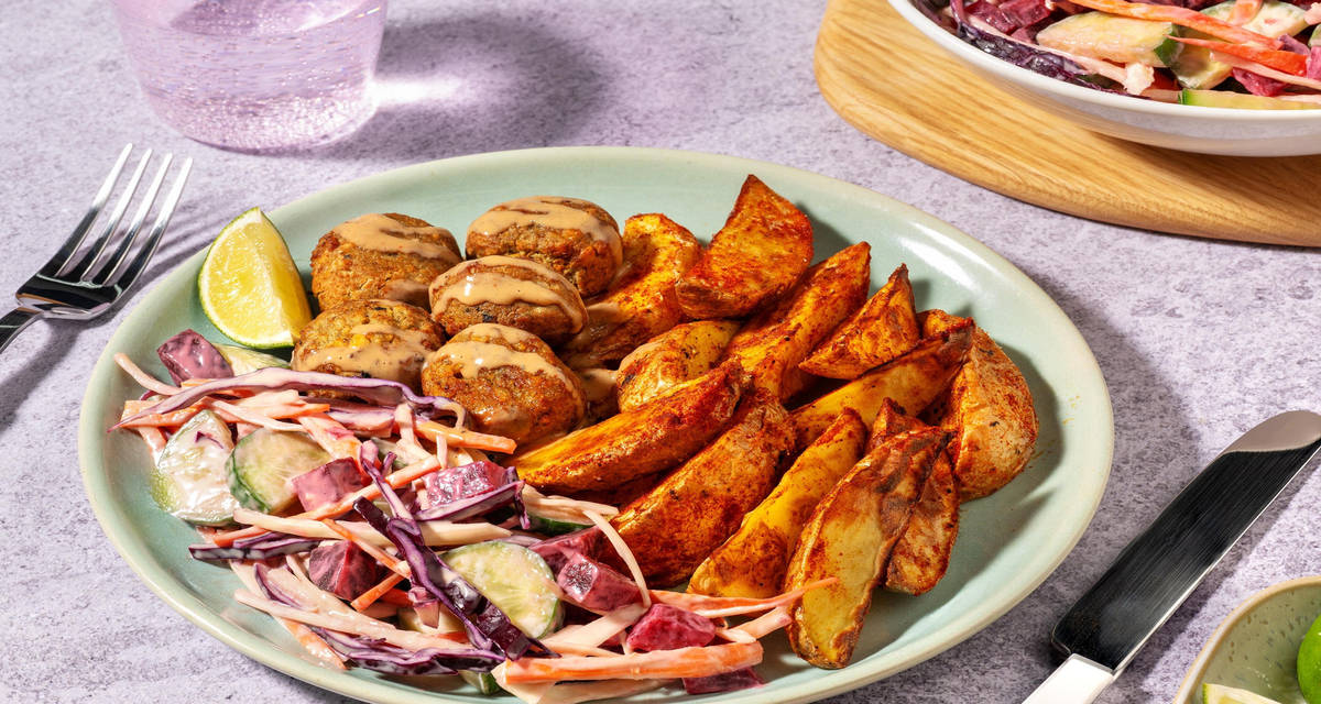 Bowl fusion de falafels et tahini au chipotle pommes de terre rôties, betterave et concombre