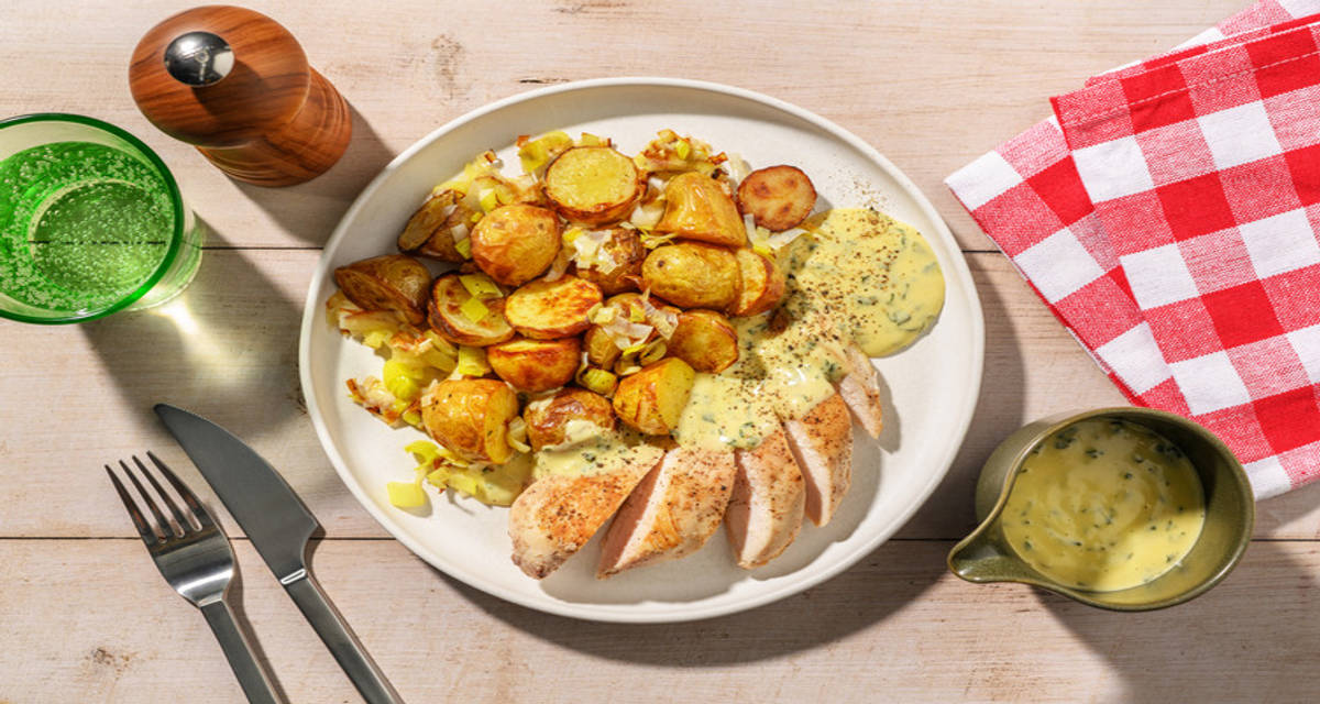 Poulet grillé & sauce secrète comme au Béarn avec des grenailles rôties & une fondue de poireau