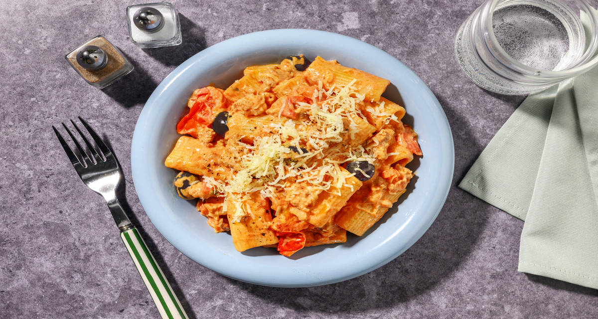 Turkey ​and Cherry Tomato Pasta with creme fraiche and grated cheese