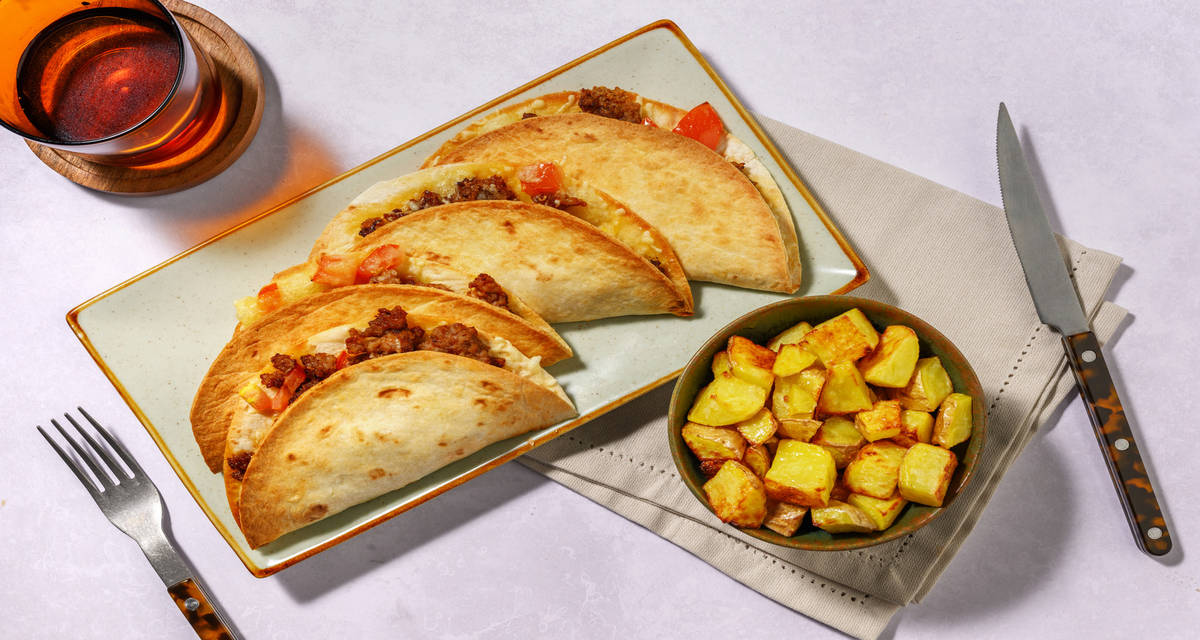 Cheesy Spiced Pork Tortillas with Ballymaloe relish and roast potatoes