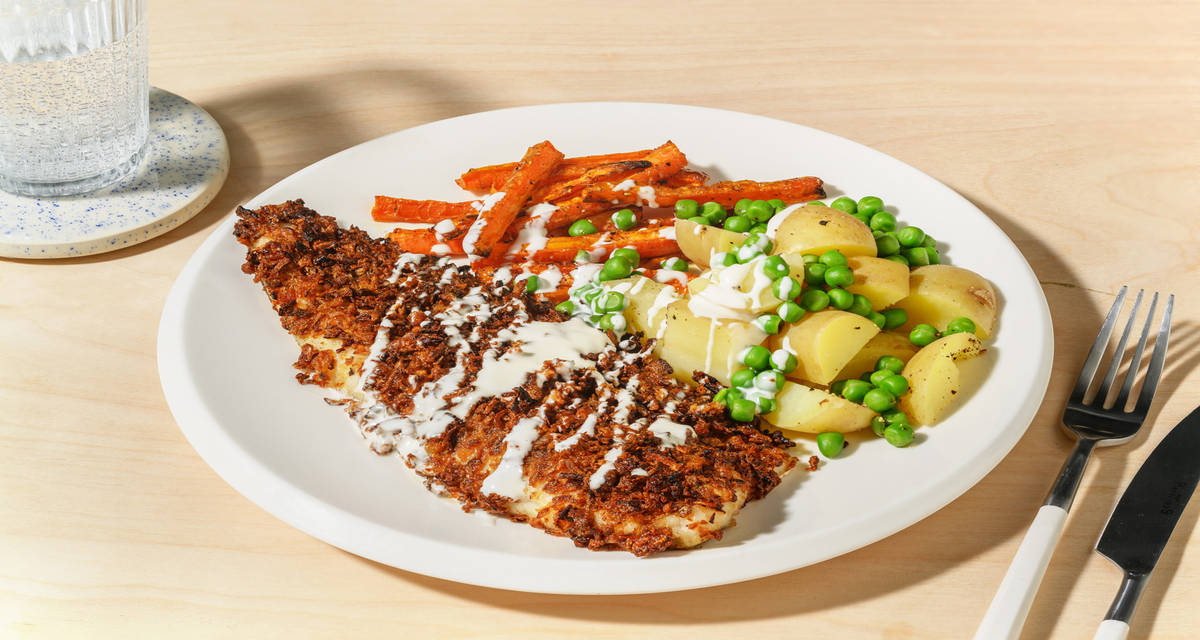 Crispy Onion Salmon and Tender Carrots with peas and potatoes