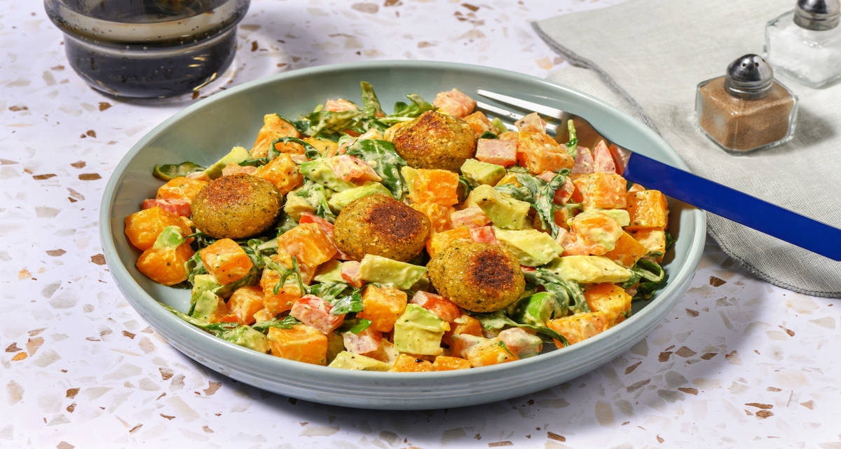 Mediterranean Falafel Salad with Halloumi with avocado and butternut squash