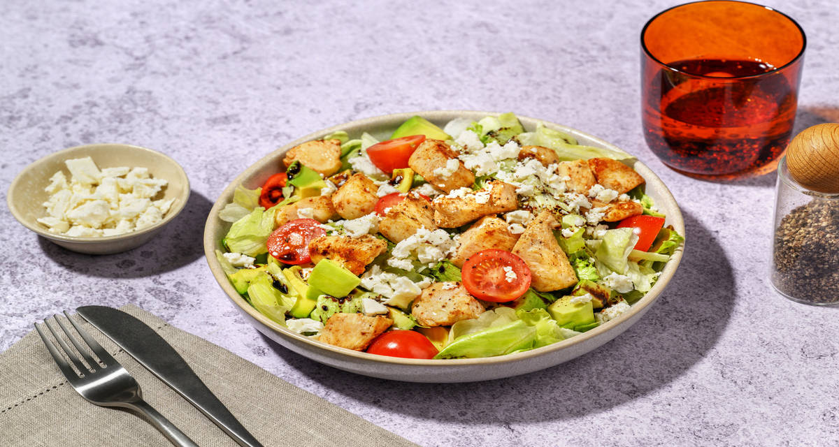 Chicken, Avo and Goat's Cheese Salad with cherry tomatoes and balsamic glaze