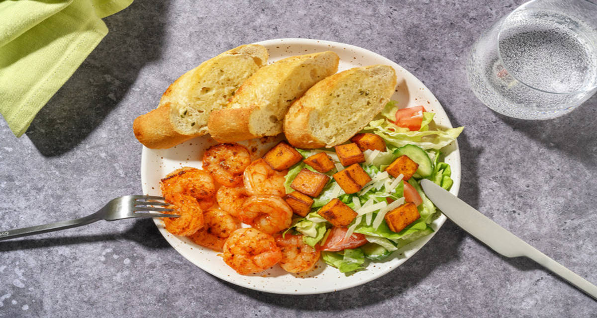 Paprika Prawns and Crisp Salad with warm garlic bread