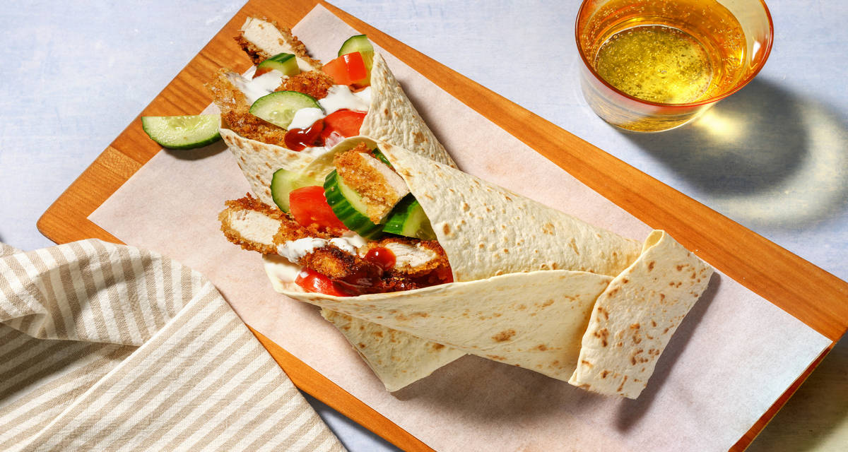 BBQ Crumbed Chicken Wrap with tomato and cucumber