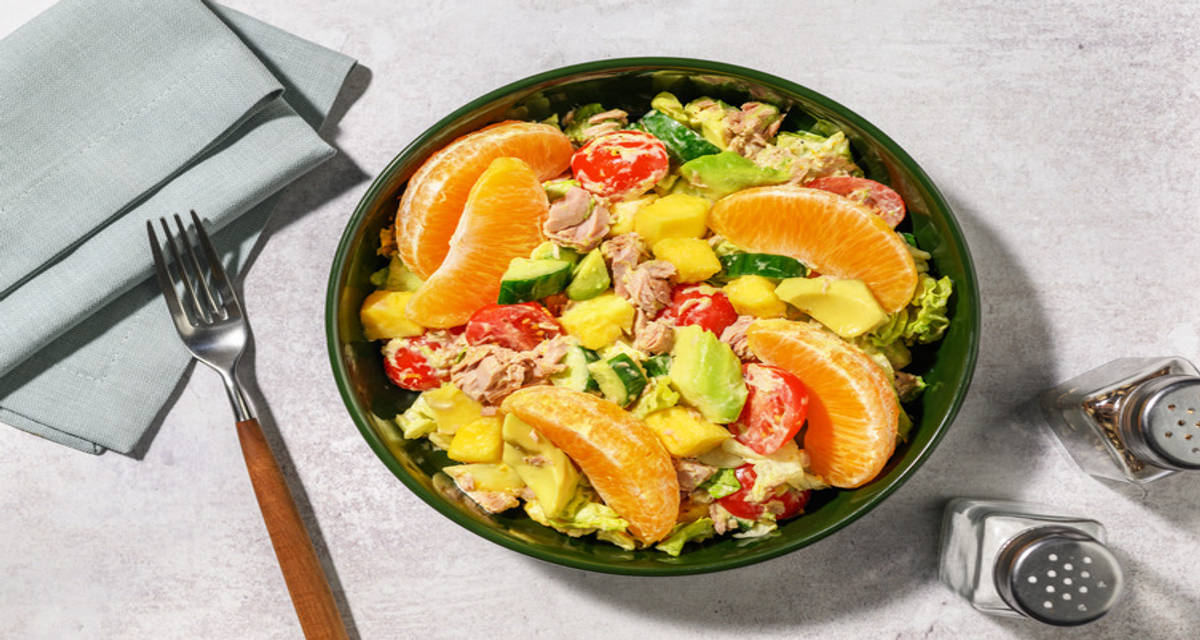 Tropical Tuna, Mango and Avo Salad with Falafel with cucumber and cherry tomatoes