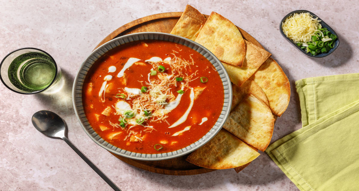 Creamy Chipotle Beef Stew with black beans and homemade tortilla chips