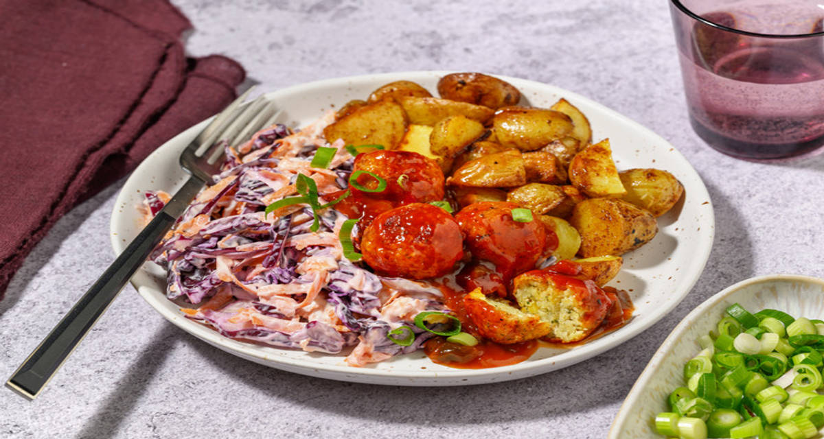 Chicken and Ruby Slaw with roast baby potatoes and Ballymaloe relish
