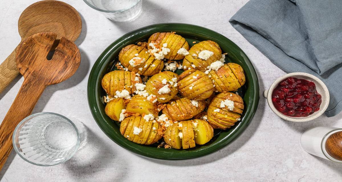 Greek Style Cheese Crumbled Hasselbacks perfect for sharing