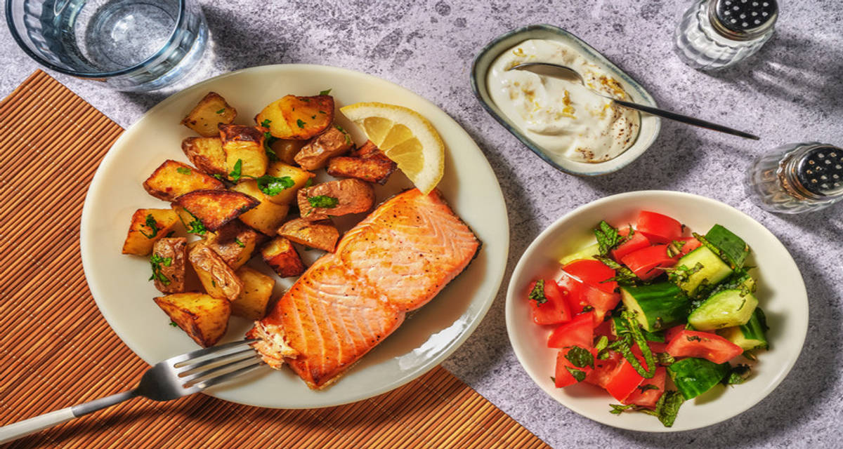 North African-inspired Chicken Breast and Spicy Potatoes with tomato and cucumber