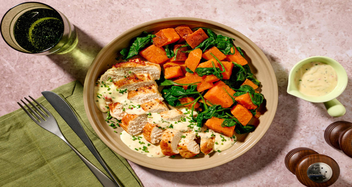 Chilli Chive Roast Chicken with baby spinach and sweet potatoes