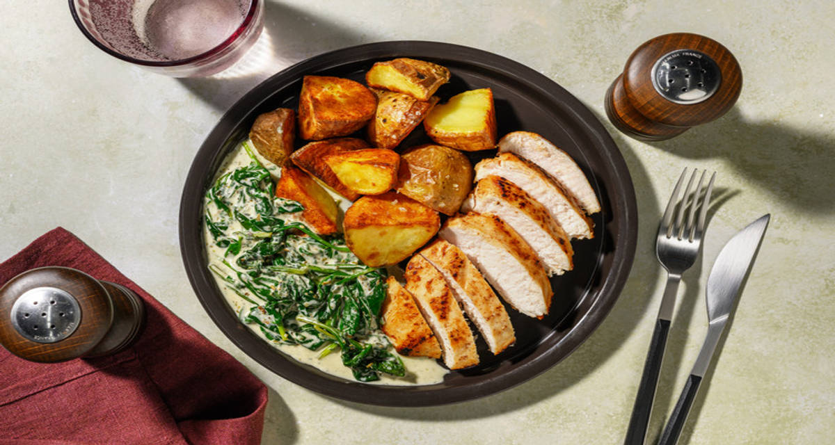 Double Turkey in Garlic Herb Sauce with baby spinach and potatoes