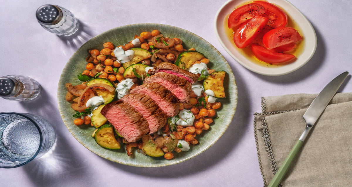 Harissa Pomegranate Beef Rump and Spicy Veg with chickpeas and yoghurt sauce