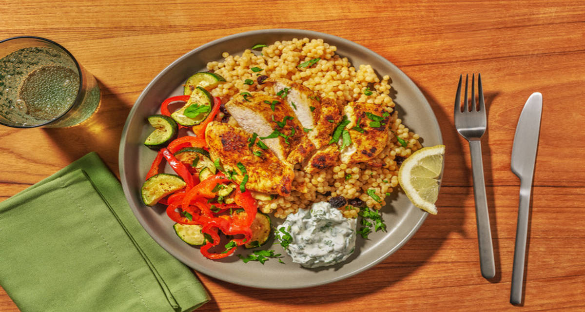 Levantine-style Double Chicken with Pearled Couscous with oven roasted veg